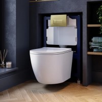 Wall Hung Rimless Toilet with Soft Close Seat, Brushed Brass Pneumatic Flush Plate, 820mm Frame & Cistern – Roma
