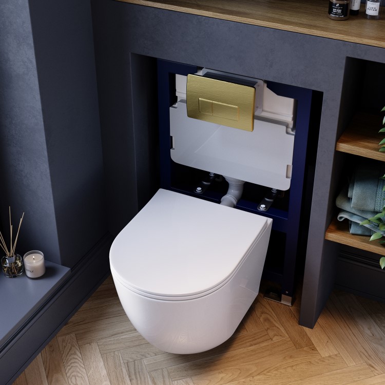 Wall Hung Rimless Toilet with Soft Close Seat, Brushed Brass Pneumatic Flush Plate, 820mm Frame & Cistern – Roma
