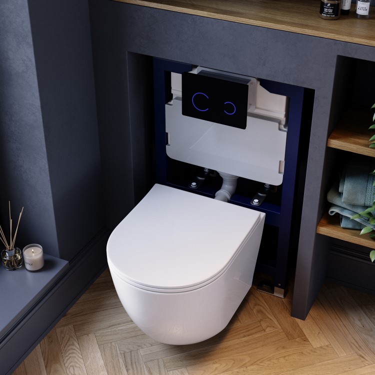 Wall Hung Rimless Toilet with Soft Close Seat, Black Glass Sensor Flush Plate, 820mm Frame & Cistern – Roma