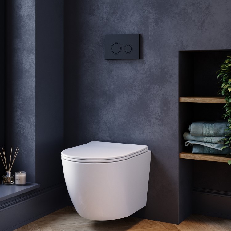 Wall Hung Rimless Toilet with Soft Close Seat, Black Mechanical Flush Plate, 1168mm Frame & Cistern – Roma