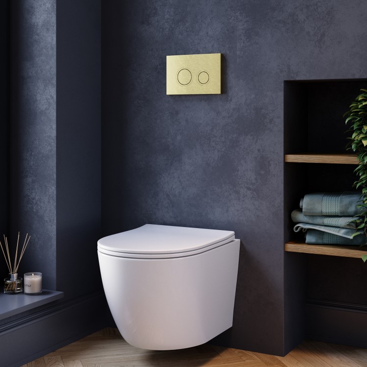 Wall Hung Rimless Toilet with Soft Close Seat, Brushed Brass Mechanical Flush Plate, 1168mm Frame & Cistern – Roma