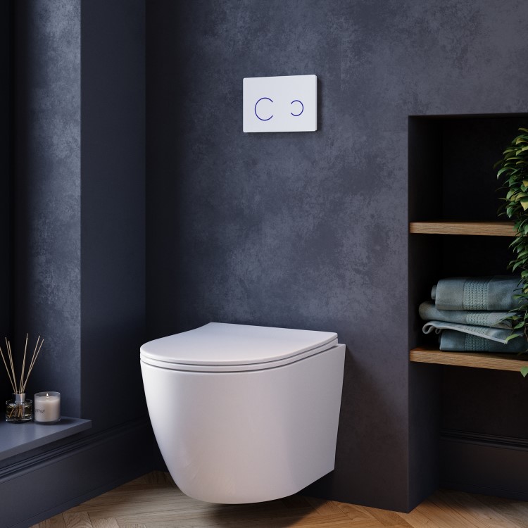 Wall Hung Rimless Toilet with Soft Close Seat, White Glass Sensor Flush Plate, 1168mm Frame & Cistern – Roma