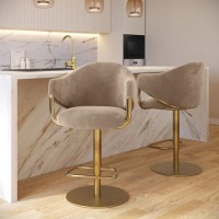 Set of 2 Beige Velvet Adjustable Swivel Bar Stools with Gold Base - Ronnie Set of 2 Beige Velvet Adjustable Swivel Bar Stools with Gold Base - Ronnie
