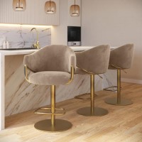 Set of 3 Beige Velvet Adjustable Swivel Bar Stools with Gold Base - Ronnie Set of 3 Beige Velvet Adjustable Swivel Bar Stools with Gold Base - Ronnie
