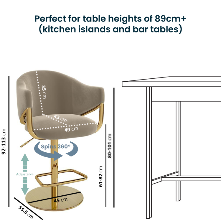 Set of 3 Beige Velvet Adjustable Swivel Bar Stools with Gold Base - Ronnie