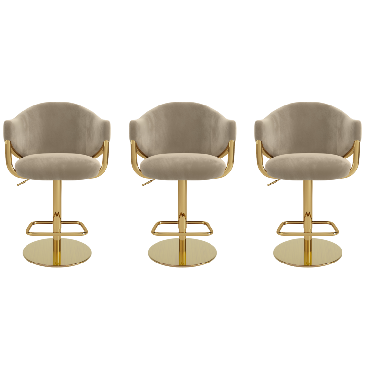 Set of 3 Beige Velvet Adjustable Swivel Bar Stools with Gold Base - Ronnie