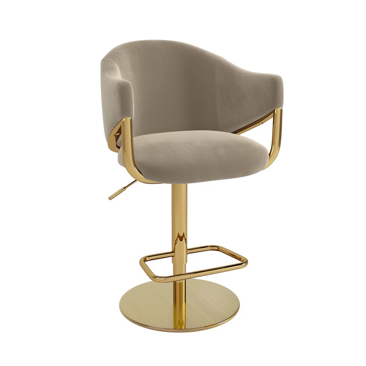 Beige Velvet Adjustable Swivel Bar Stool with Gold Base - Ronnie