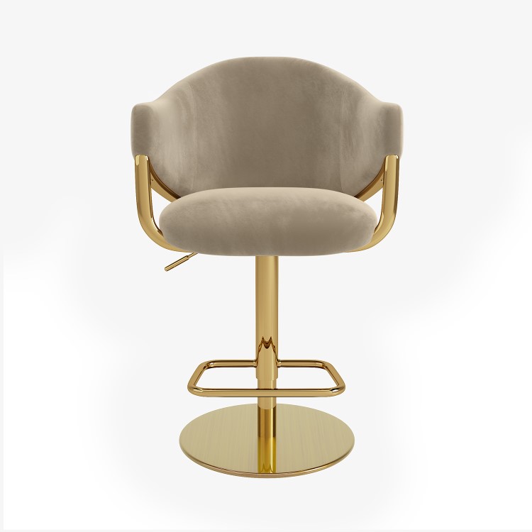 Beige Velvet Adjustable Swivel Bar Stool with Gold Base - Ronnie