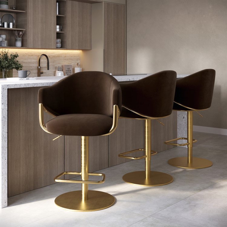 Set of 3 Brown Velvet Adjustable Swivel Bar Stools with Gold Base - Ronnie