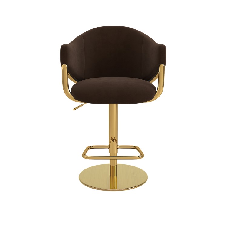 Set of 4 Brown Velvet Adjustable Swivel Bar Stools with Gold Base - Ronnie