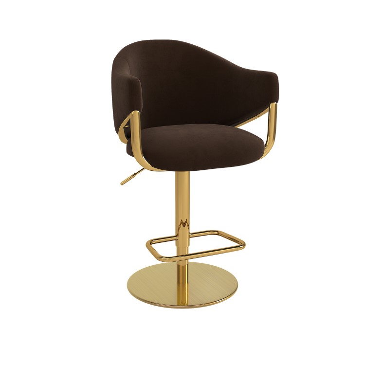 Set of 4 Brown Velvet Adjustable Swivel Bar Stools with Gold Base - Ronnie