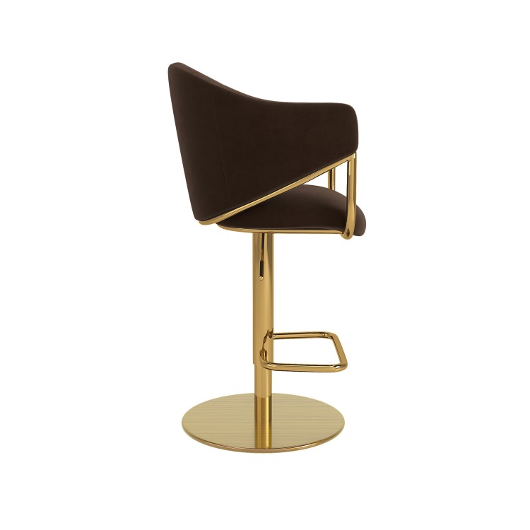Set of 4 Brown Velvet Adjustable Swivel Bar Stools with Gold Base - Ronnie
