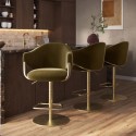 BUN/RON007/99017 Set of 3 Olive Green Velvet Adjustable Swivel Bar Stools with Gold Base - Ronnie
