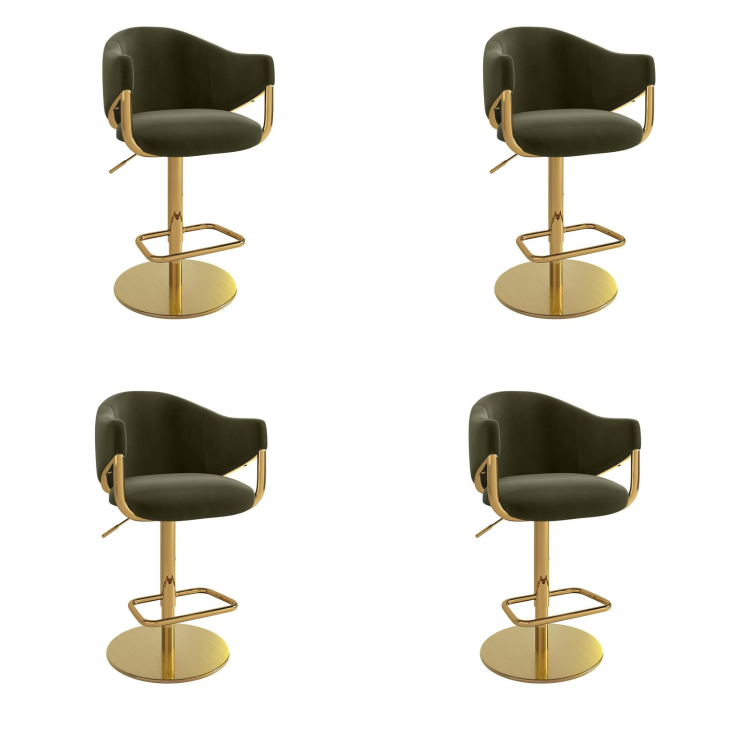 Set of 4 Olive Green Velvet Adjustable Swivel Bar Stools with Gold Base - Ronnie
