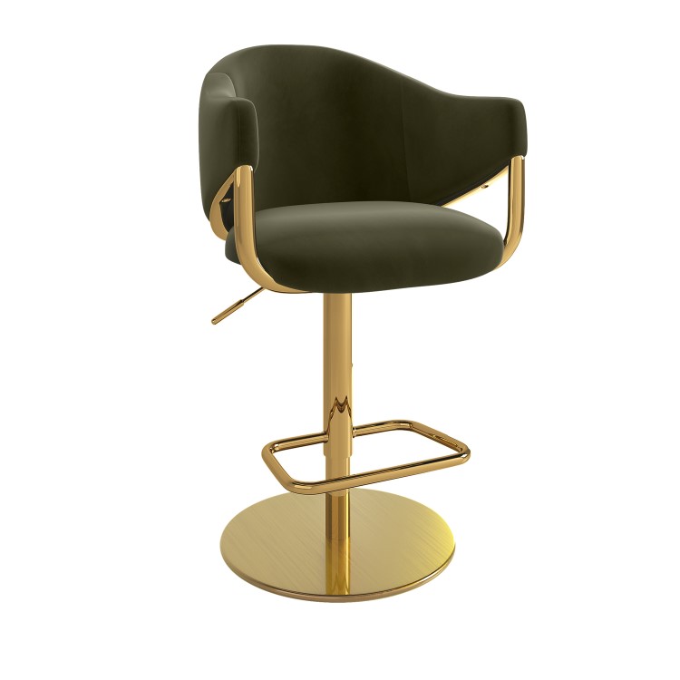 Olive Green Velvet Adjustable Swivel Bar Stool with Gold Base - Ronnie