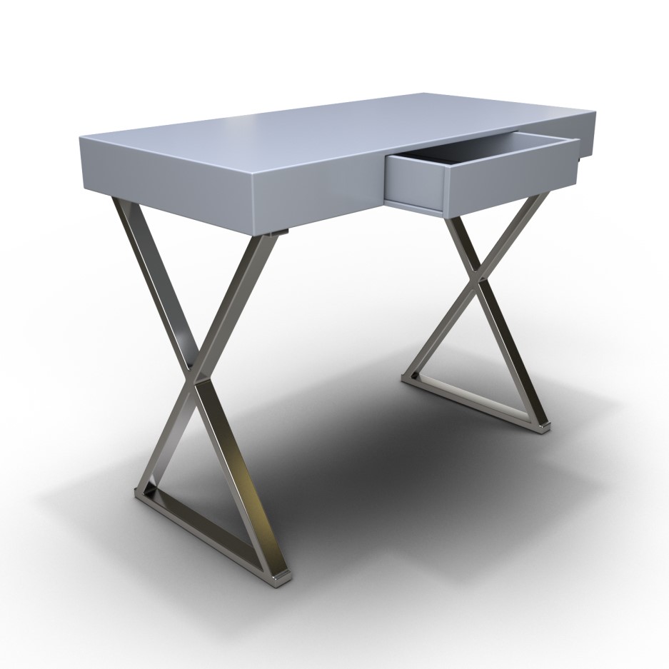 Grey High Gloss Dressing Table with Chrome Cross Legs and Storage