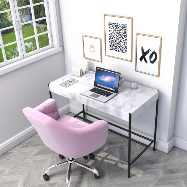 White Marble & Pink Velvet Office Desk and Chair Set - Roxy