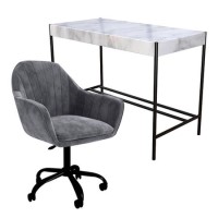 White Marble & Grey Velvet Office Desk and Chair Set - Roxy 