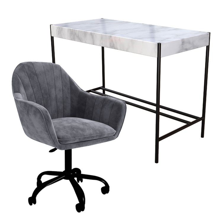 White Marble & Grey Velvet Office Desk and Chair Set - Roxy 