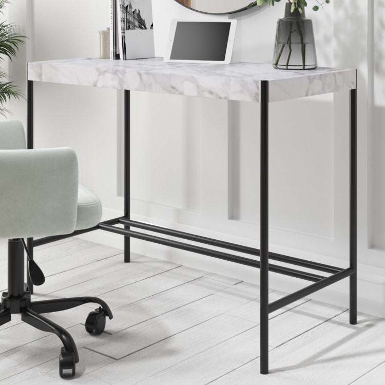 White Marble & Grey Velvet Office Desk and Chair Set - Roxy 