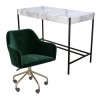 White Marble &amp; Green Velvet Office Desk and Chair Set - Roxy