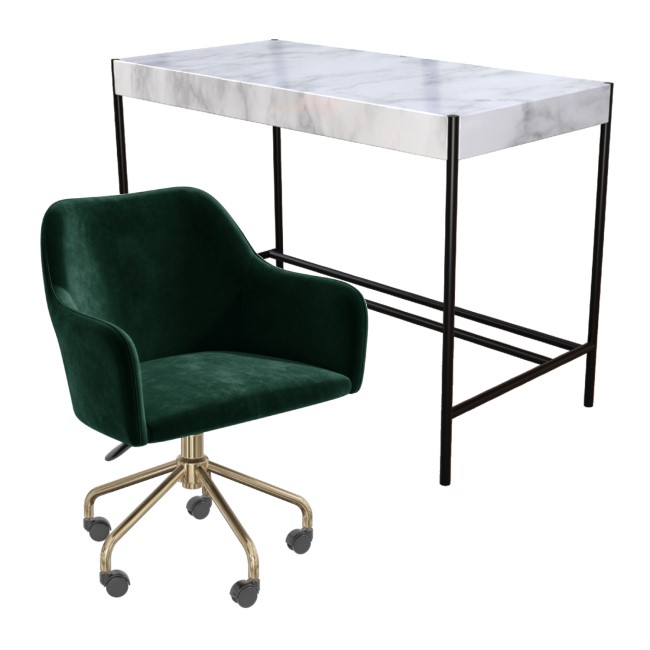 White Marble & Green Velvet Office Desk and Chair Set - Roxy