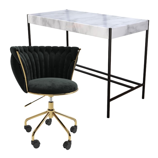 White Marble & Black Velvet Office Desk and Chair Set - Roxy