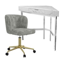 White Faux Marble Corner Desk & Teddy Fabric Office Chair Set - Roxy - Rowan
