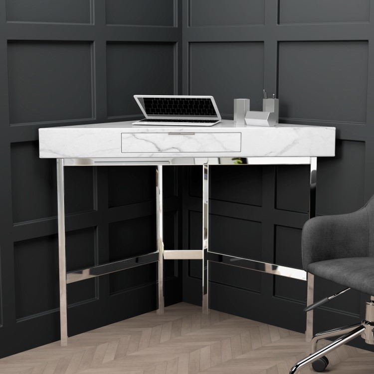 White Faux Marble Corner Desk & Green Velvet Office Chair - Roxy - Marley
