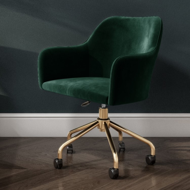 White Faux Marble Corner Desk & Green Velvet Office Chair - Roxy - Marley