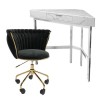 White Marble &amp; Black Velvet Corner Office Desk and Chair Set - Roxy 