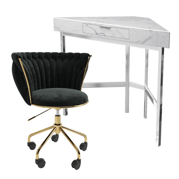 White Marble & Black Velvet Corner Office Desk and Chair Set - Roxy