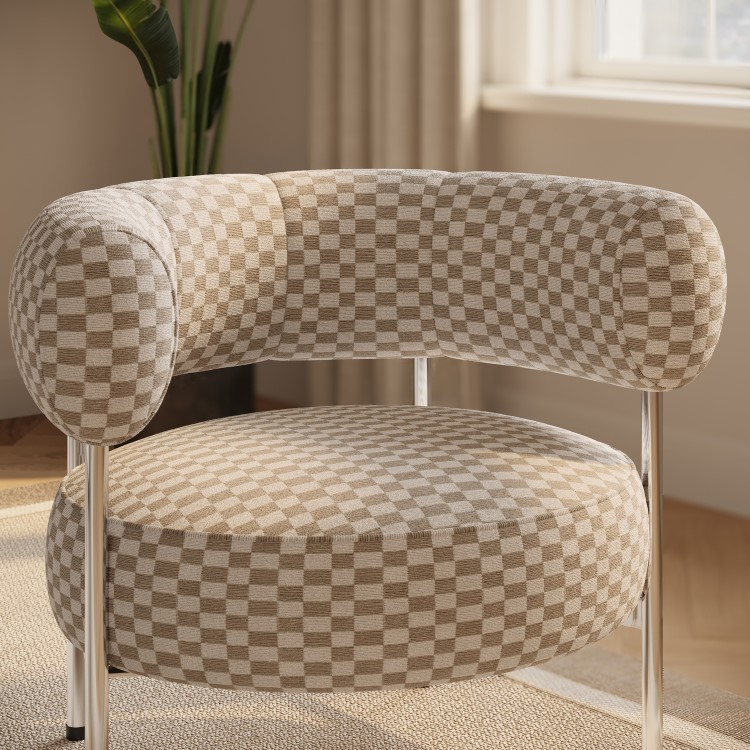 Beige Checkerboard Curved Accent Chair - Romy