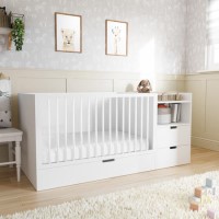 White Convertible Cot with Drawer and Changer and Mattress 120 x 60cm - Roscoe White Convertible Cot with Drawer and Changer and Mattress 120 x 60cm - Roscoe