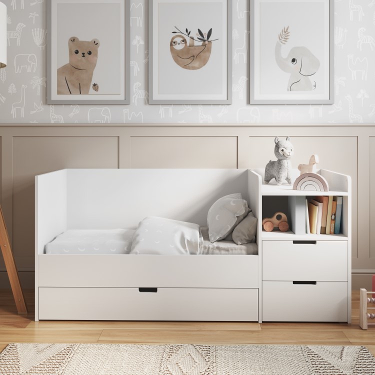 White Convertible Cot with Drawer and Changer and Mattress 120 x 60cm - Roscoe