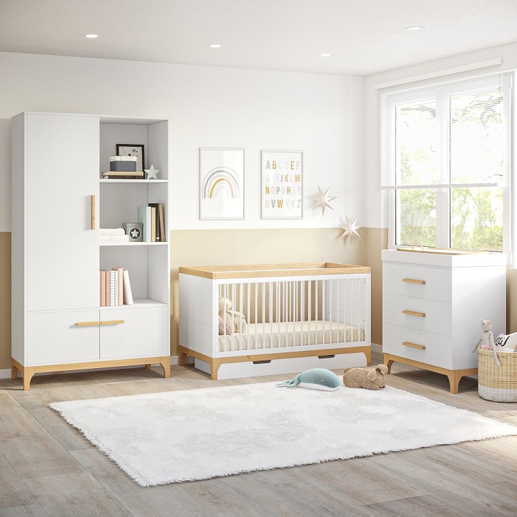 White and Wood Convertible Cot Bed with Drawer Storage - Rue