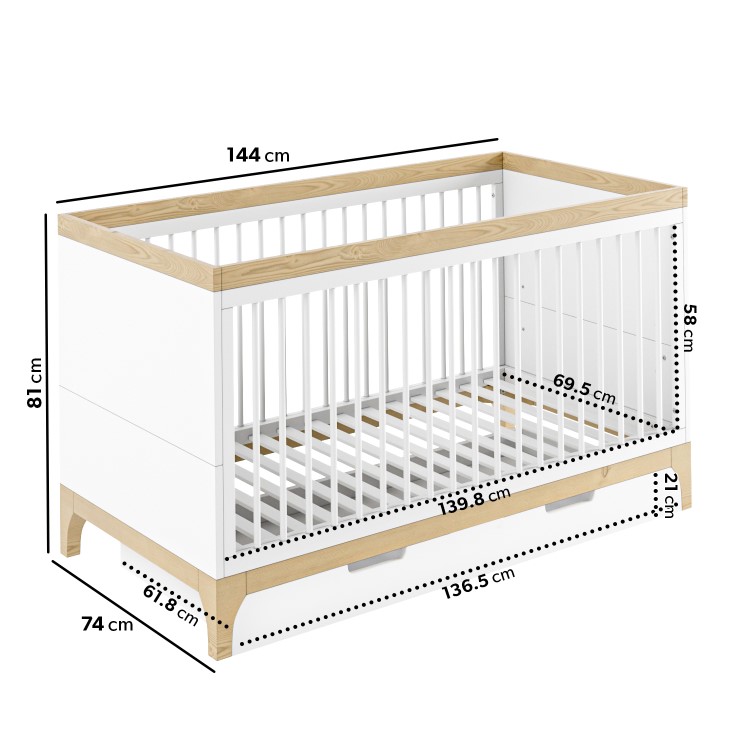 3 Piece Nursery Furniture Set in White and Pine - Rue