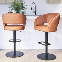 Set of 2 Curved Tan Faux Leather Adjustable Swivel Bar Stools with Back - Runa Set of 2 Curved Tan Faux Leather Adjustable Swivel Bar Stools with Back - Runa