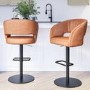 Set of 2 Curved Tan Faux Leather Adjustable Swivel Bar Stools with Back - Runa