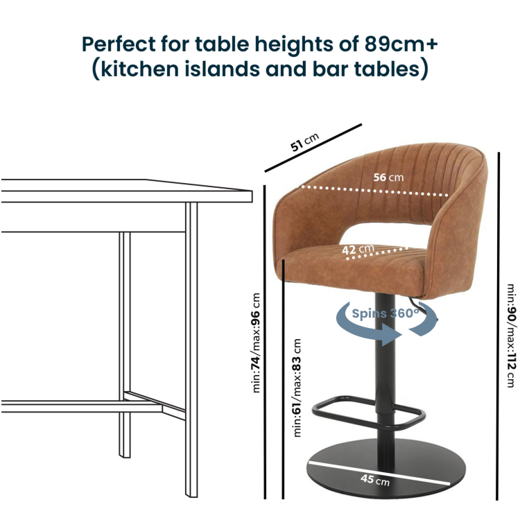 Set of 2 Curved Tan Faux Leather Adjustable Swivel Bar Stools with Back - Runa