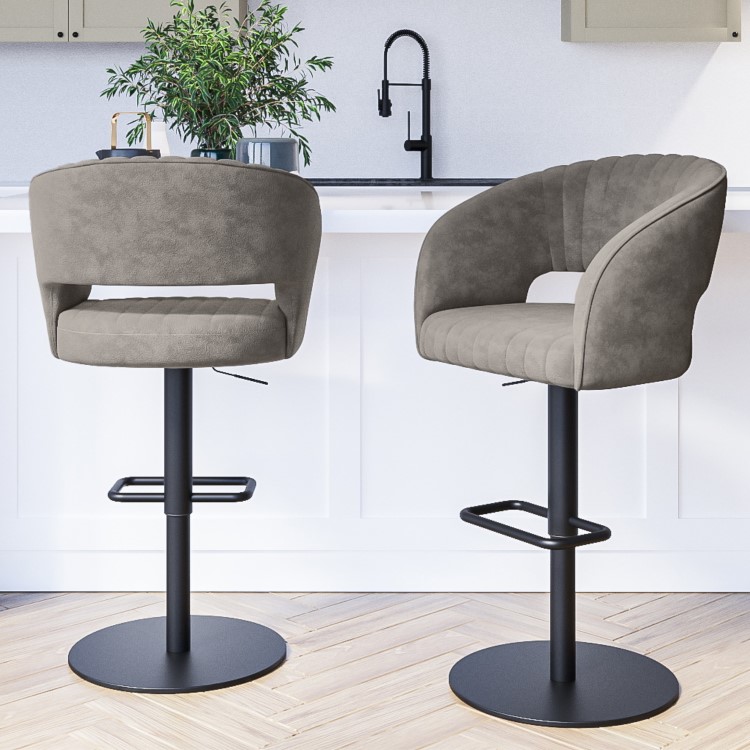 Set of 2 Curved Dove Grey Faux Leather Adjustable Swivel Bar Stools with Backs - Runa