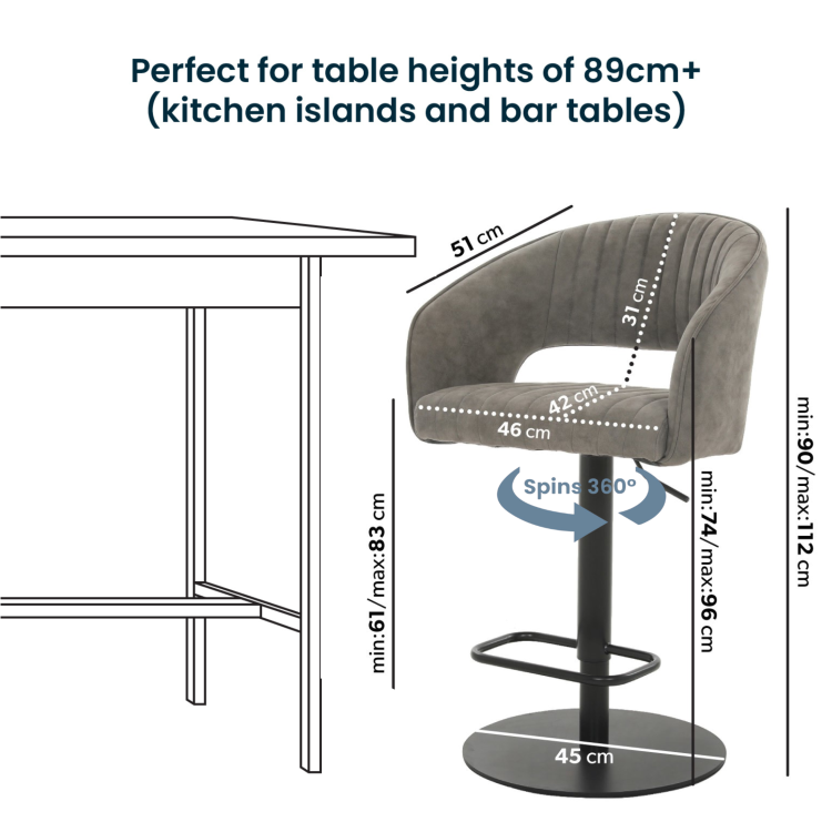 Set of 2 Curved Dove Grey Faux Leather Adjustable Swivel Bar Stools with Backs - Runa