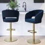 Set of 2 Curved Blue Velvet Adjustable Swivel Bar Stools with Backs - Runa