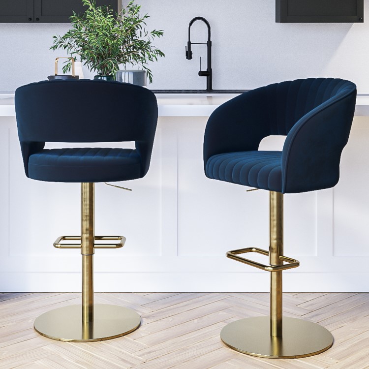 Set of 2 Curved Blue Velvet Adjustable Swivel Bar Stools with Backs - Runa