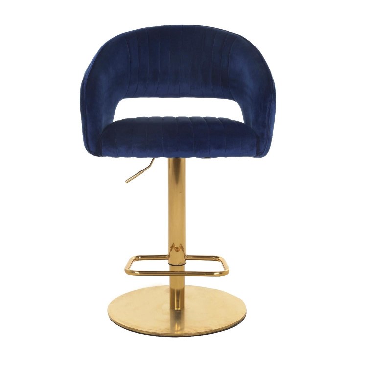 Set of 2 Curved Blue Velvet Adjustable Swivel Bar Stools with Backs - Runa