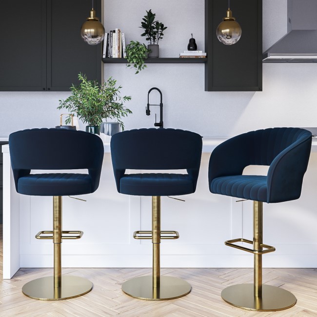 Set of 3 Curved Navy Velvet Adjustable Swivel Bar Stools with Backs - Runa