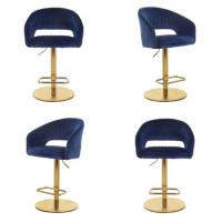 Set of 4 Curved Blue Velvet Adjustable Swivel Bar Stools with Backs - Runa