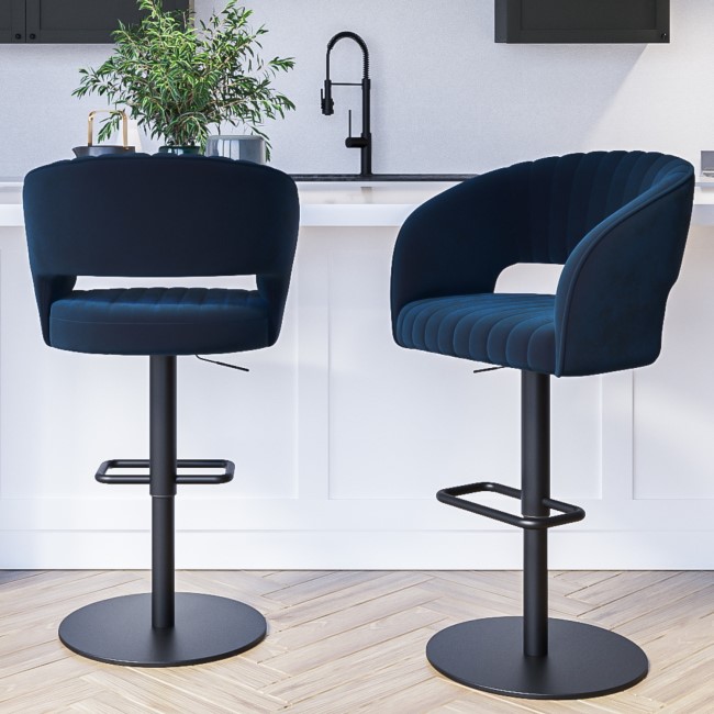 Set of 2 Curved Navy Velvet Adjustable Swivel Bar Stools with Backs - Runa
