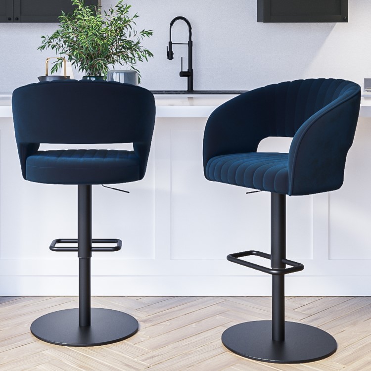 Grade A1 - Set of 2 Curved Navy Velvet Adjustable Bar Stools with Backs - Runa
