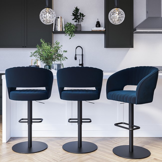 Grade A1 - Set of 3 Curved Navy Velvet Adjustable Bar Stools with Backs - Runa